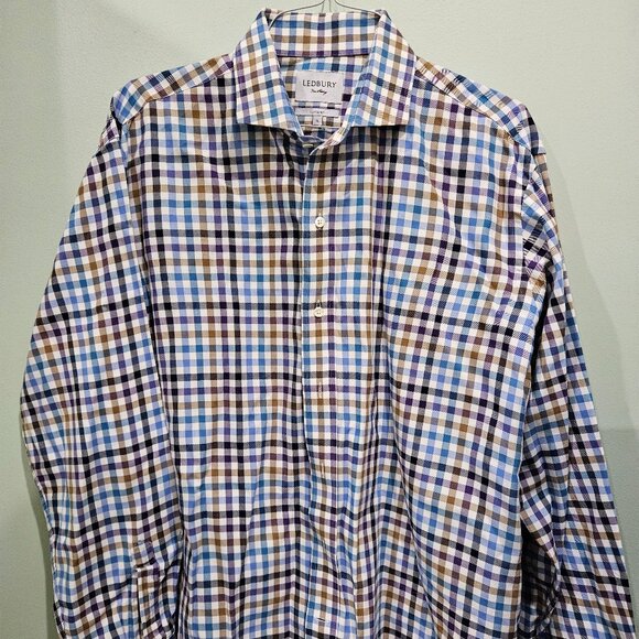 LEDBURY | 17" | Plaid Long Sleeve Men’s Blue and Tan Plaid Flannel Dress Shirt - Picture 1 of 2